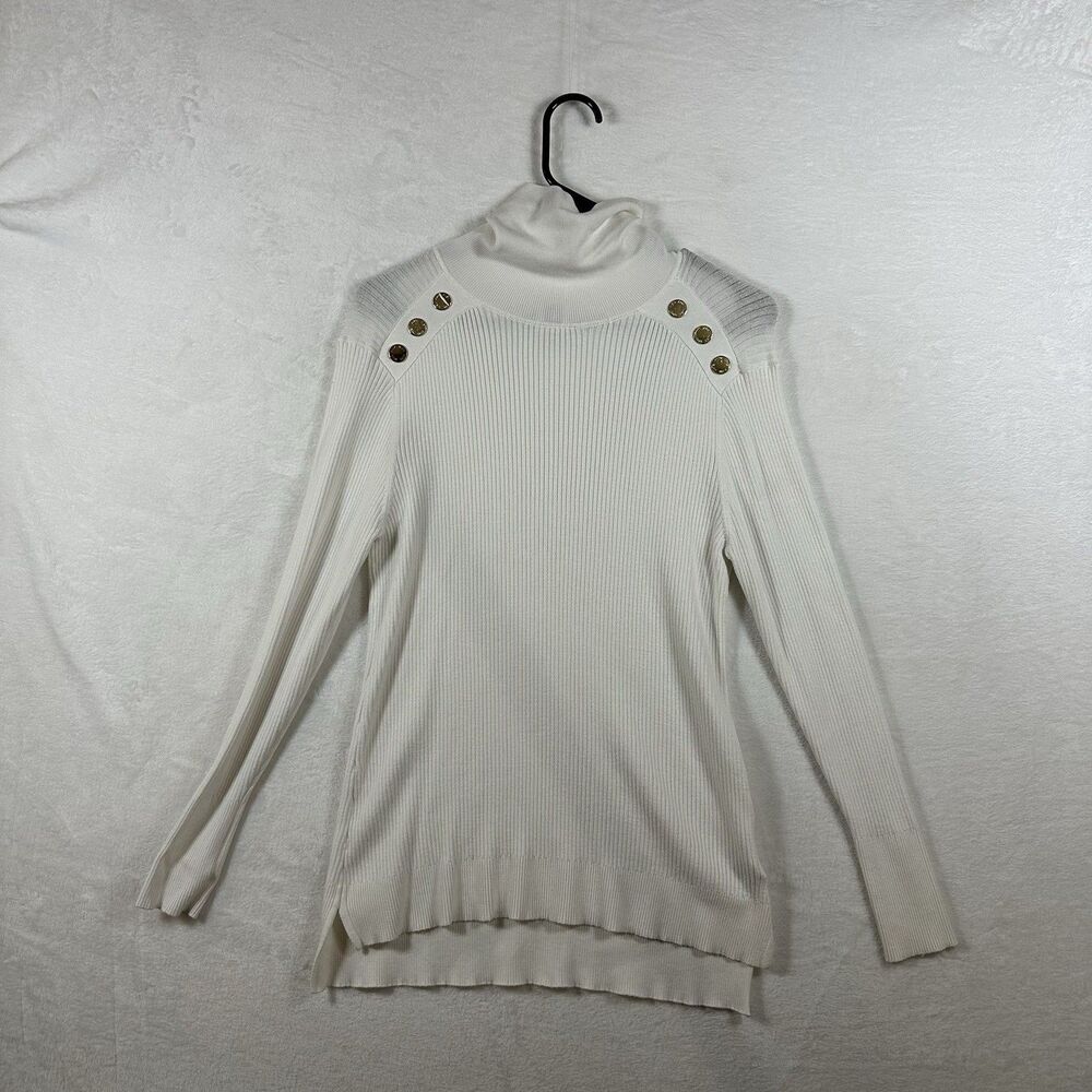 Anne Klein White Ribbed Turtleneck Sweater‎ Gold Button Detail Size M